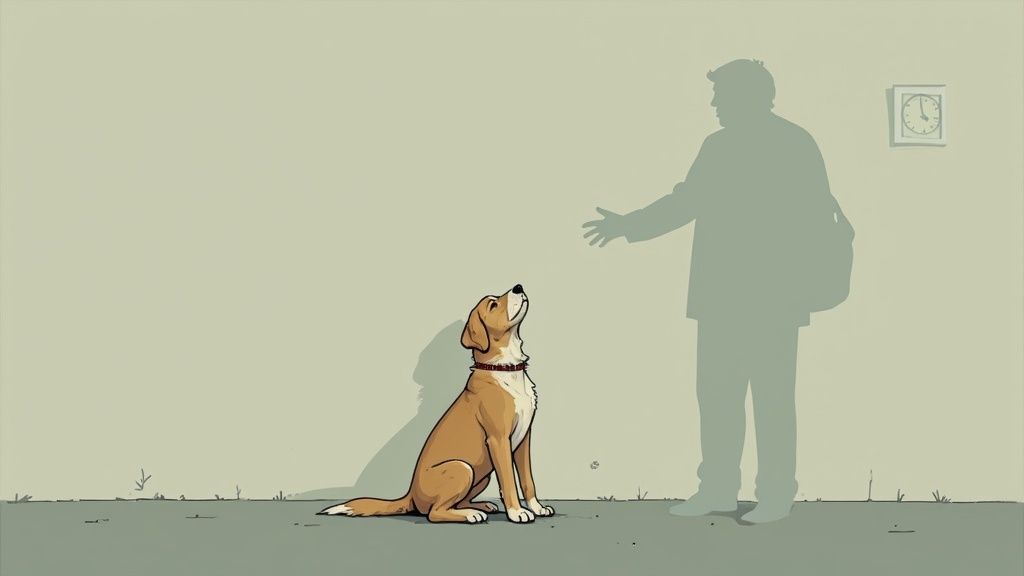 A senior golden retriever looking thoughtfully into the distance, sitting in a sunny room.