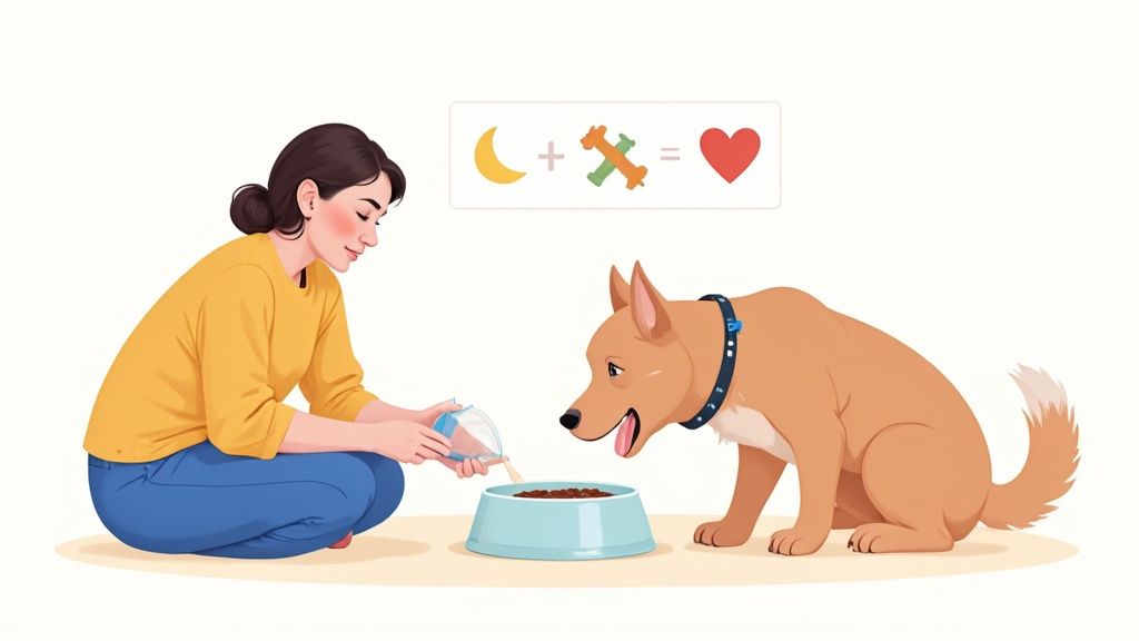 A happy senior dog lying on a cozy blanket, looking content and relaxed.