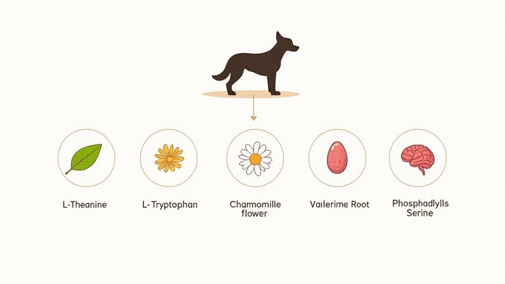 Dog silhouette above five natural calming ingredients including L-theanine, tryptophan, chamomile, valerian root, and phosphatidylserine