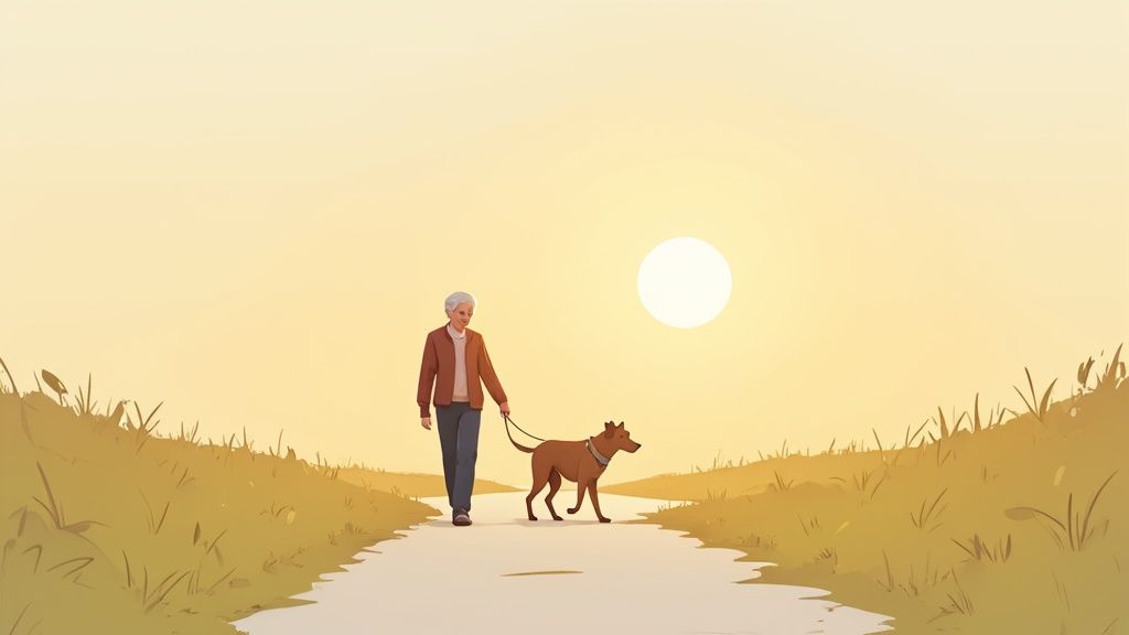 A person gently petting their senior dog who is resting comfortably.