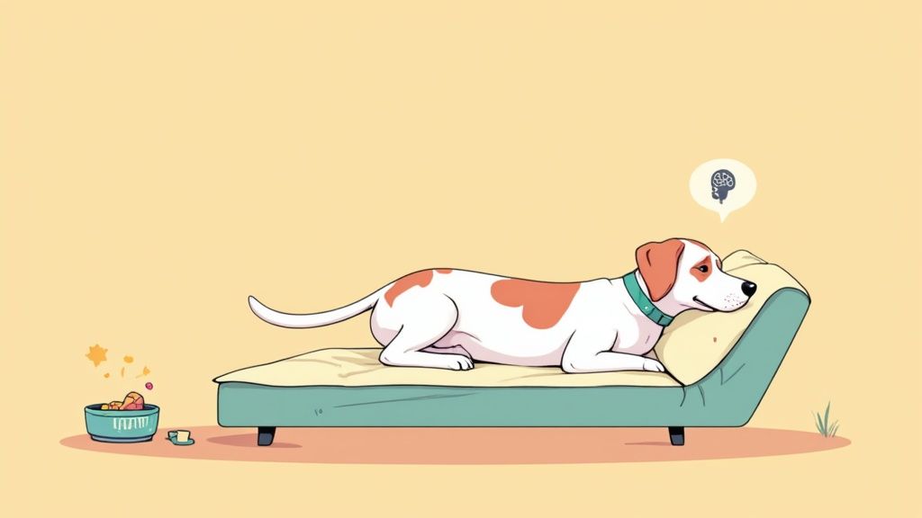 White and brown dog relaxing on teal couch with thought bubble above head