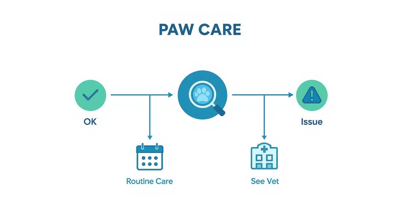 Flowchart showing paw care decision process from inspection to routine care or veterinary visit