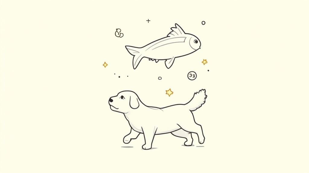 A beautiful Golden Retriever gently taking a small fish from a person's hand.