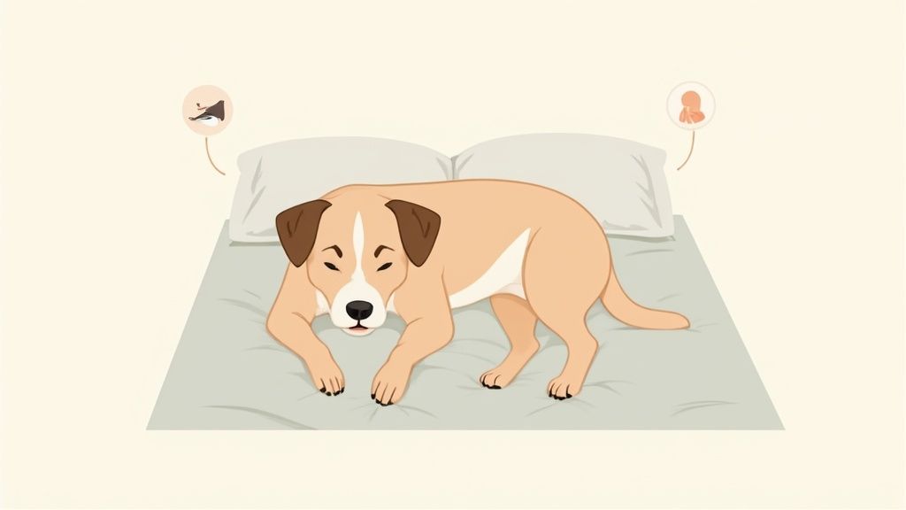 Peaceful dog sleeping on bed with thought bubbles showing calm behavior and aggression