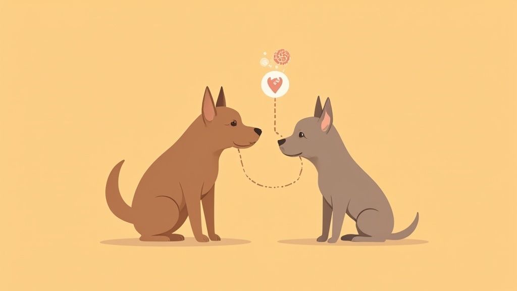 A senior dog resting its head on its owner's lap, looking content and clear-eyed.