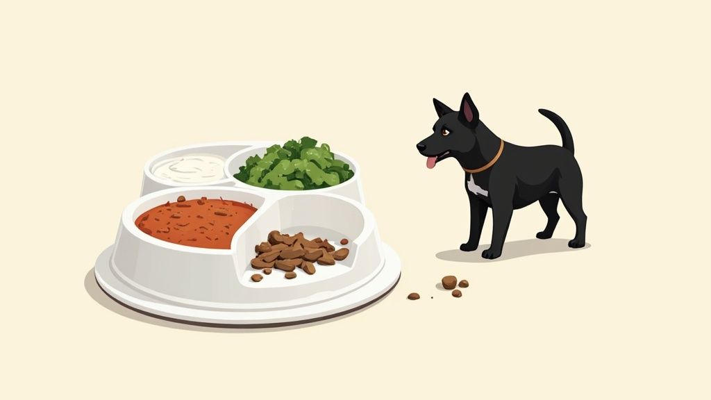 A dog looking at its food bowl while its owner adds a nutritional supplement, representing balanced canine nutrition.