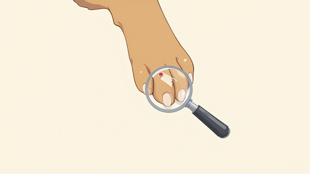 Magnifying glass examining human hand with bandage, illustrating close inspection of minor injury or wound