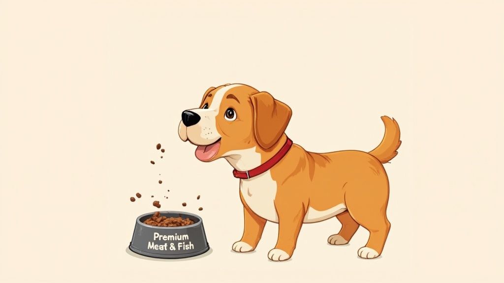 A happy golden retriever with a shiny coat sitting next to its food bowl