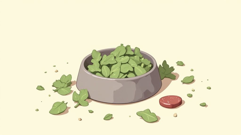 A bowl of fresh spinach, kale, and liver pieces prepared for a dog.