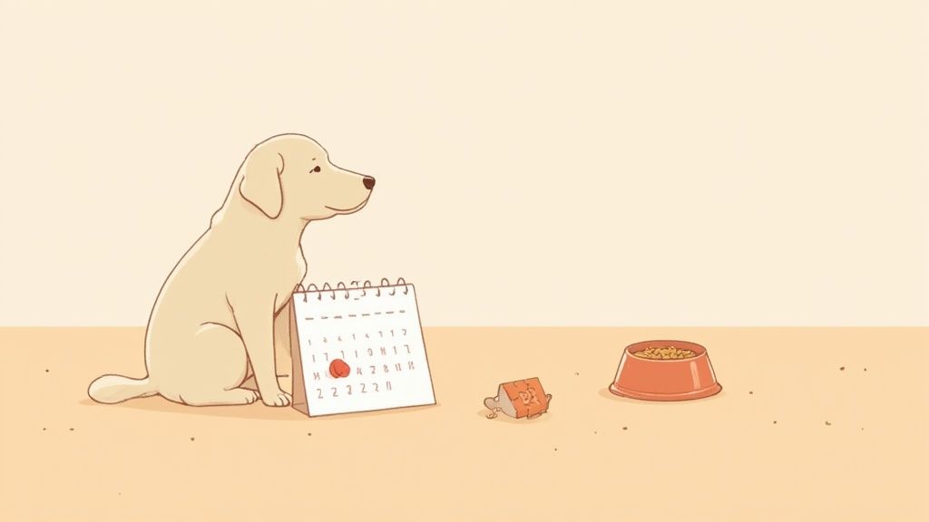 A person giving a supplement chew to their calm dog sitting on a couch.