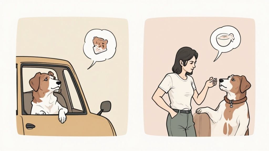 Dog in car thinking about toast while owner offers food bowl in comic illustration