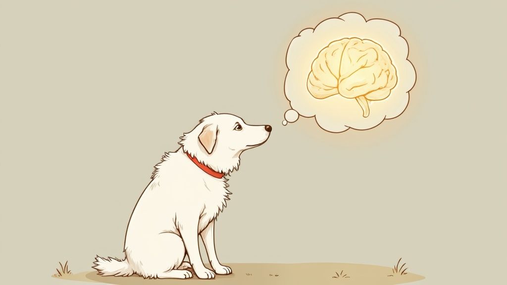 A senior dog looking alert and happy with its owner.