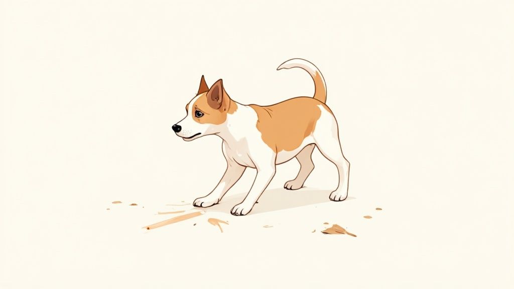 A sad dog with allergies scratching its ear on a couch.