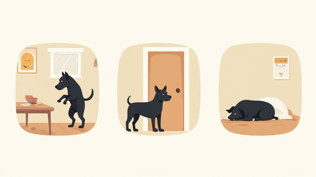 A senior dog looking out a window with a thoughtful expression.