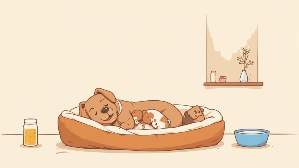 A mother dog attentively nursing her litter of newborn puppies.