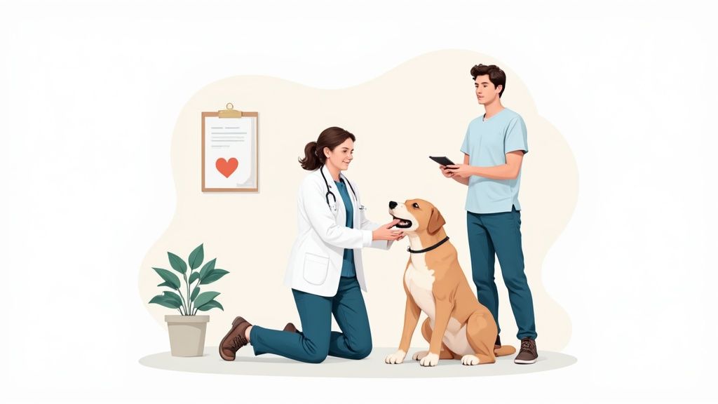 A veterinarian gently examines a calm, trusting dog in a well-lit clinic room.