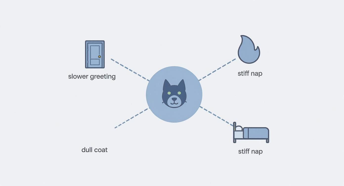Infographic showing signs of dog discomfort, with a central dog icon connected to nodes for Slower Greeting, Stiff Nap, and Dull Coat.