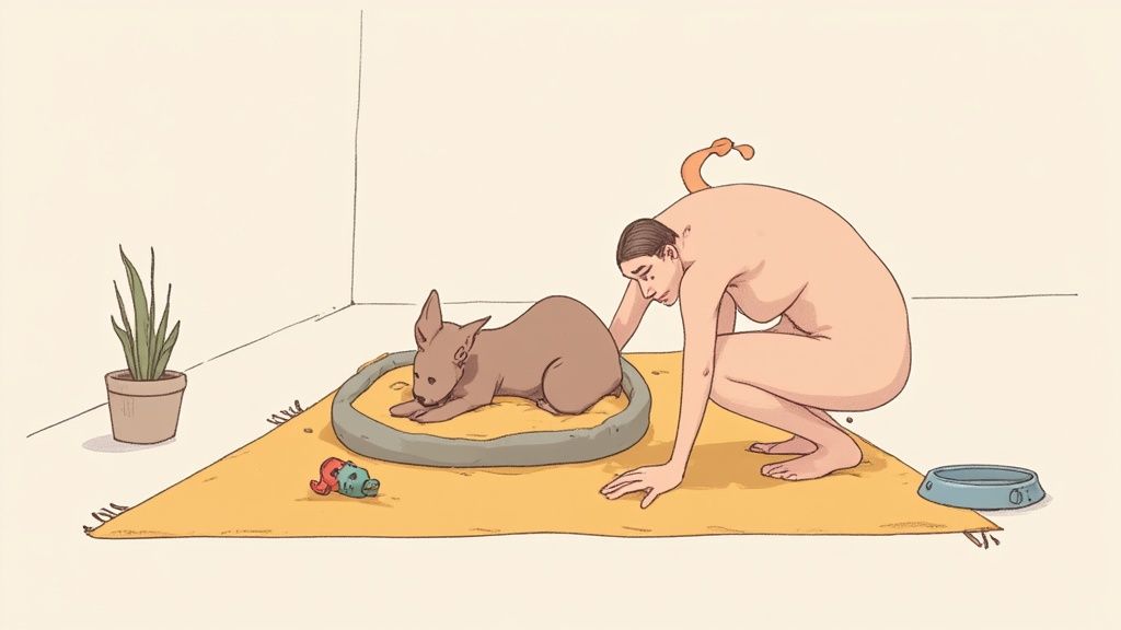 A person gently stroking the head of a senior dog who is resting comfortably on a soft bed.