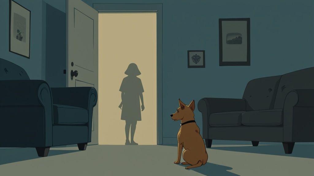 A sad-looking senior dog lying on a wooden floor, appearing uncomfortable.