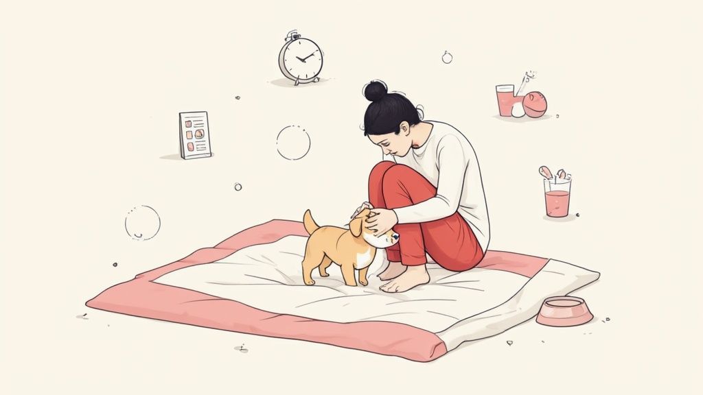 An owner gently petting their sad-looking dog lying on the floor