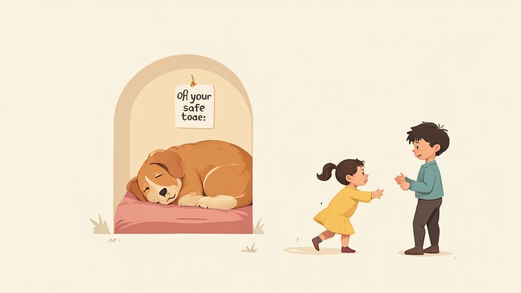 Illustration of sleeping dog in doghouse with sign while children approach cautiously outside