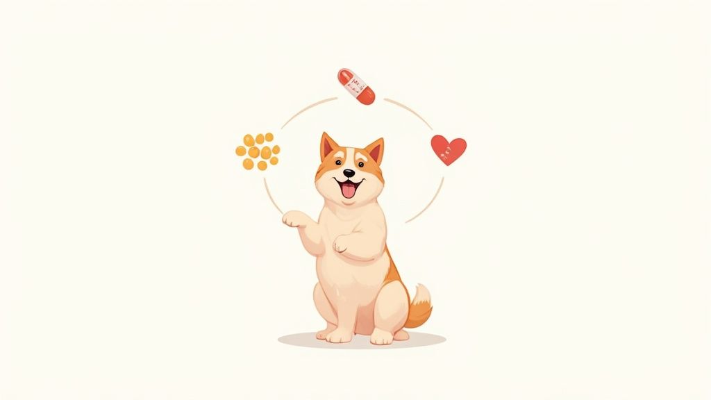 A happy senior dog resting its head on its owner's lap