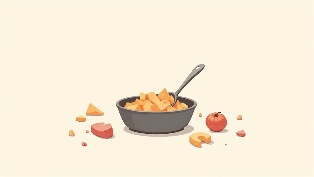 A person adding a spoonful of pumpkin puree to a dog's food bowl.