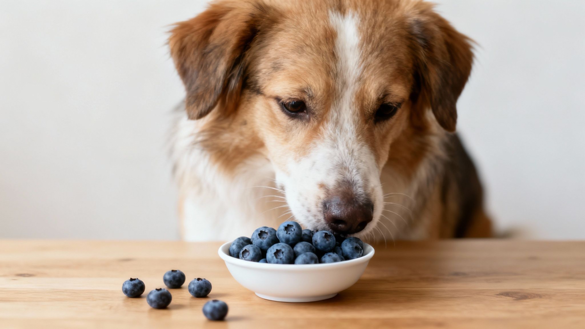 A small dog looking up at a blueberry held in a person's hand.