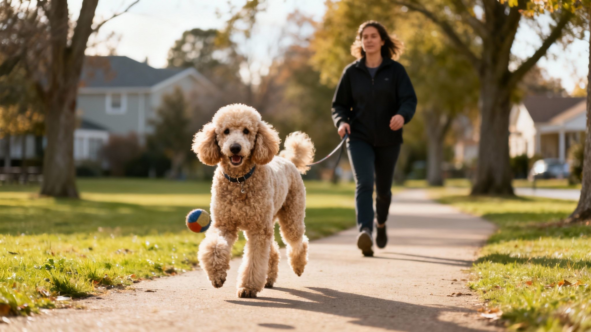A happy light brown poodle on a leash walks on a sidewalk with its owner.