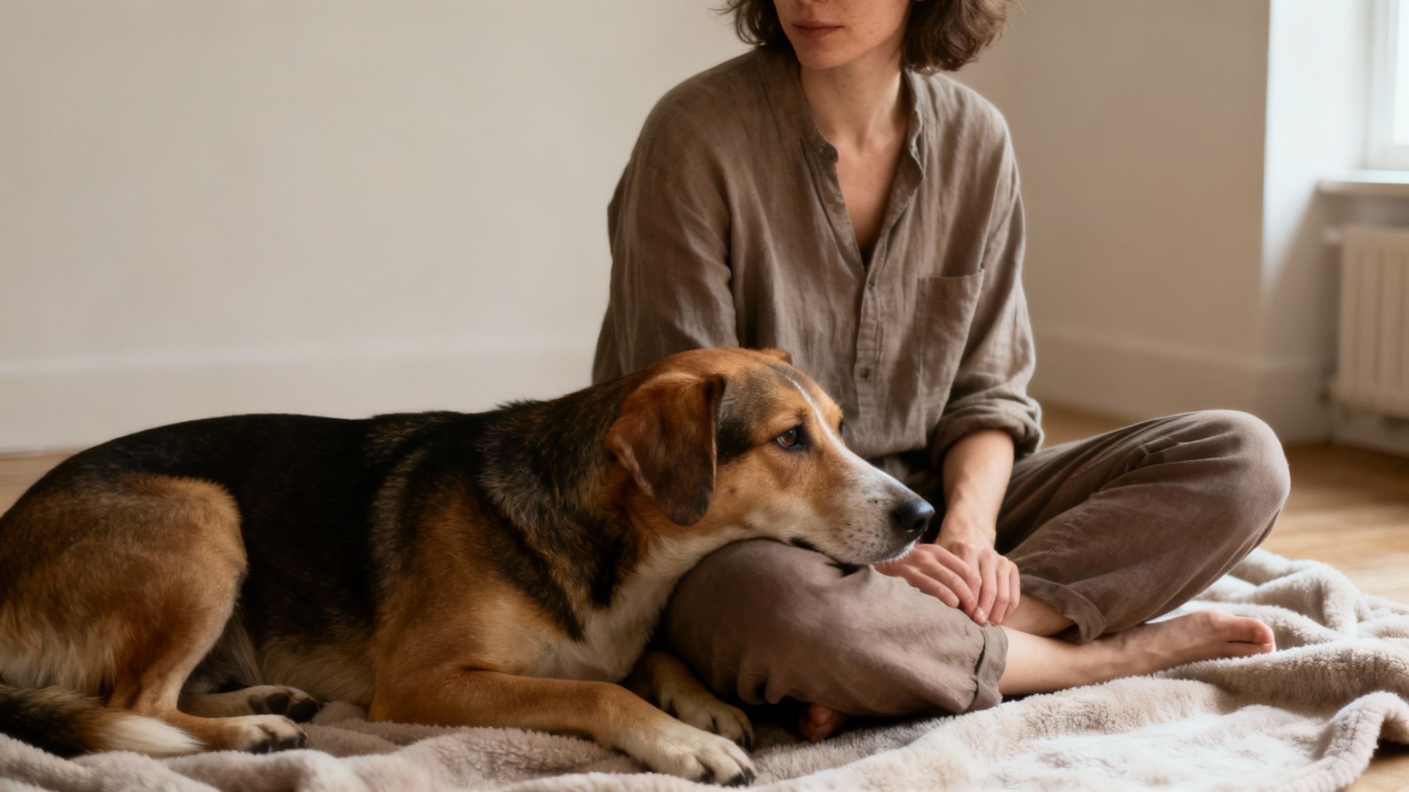 A person gently holding the paw of a brown dog, symbolizing trust and connection.