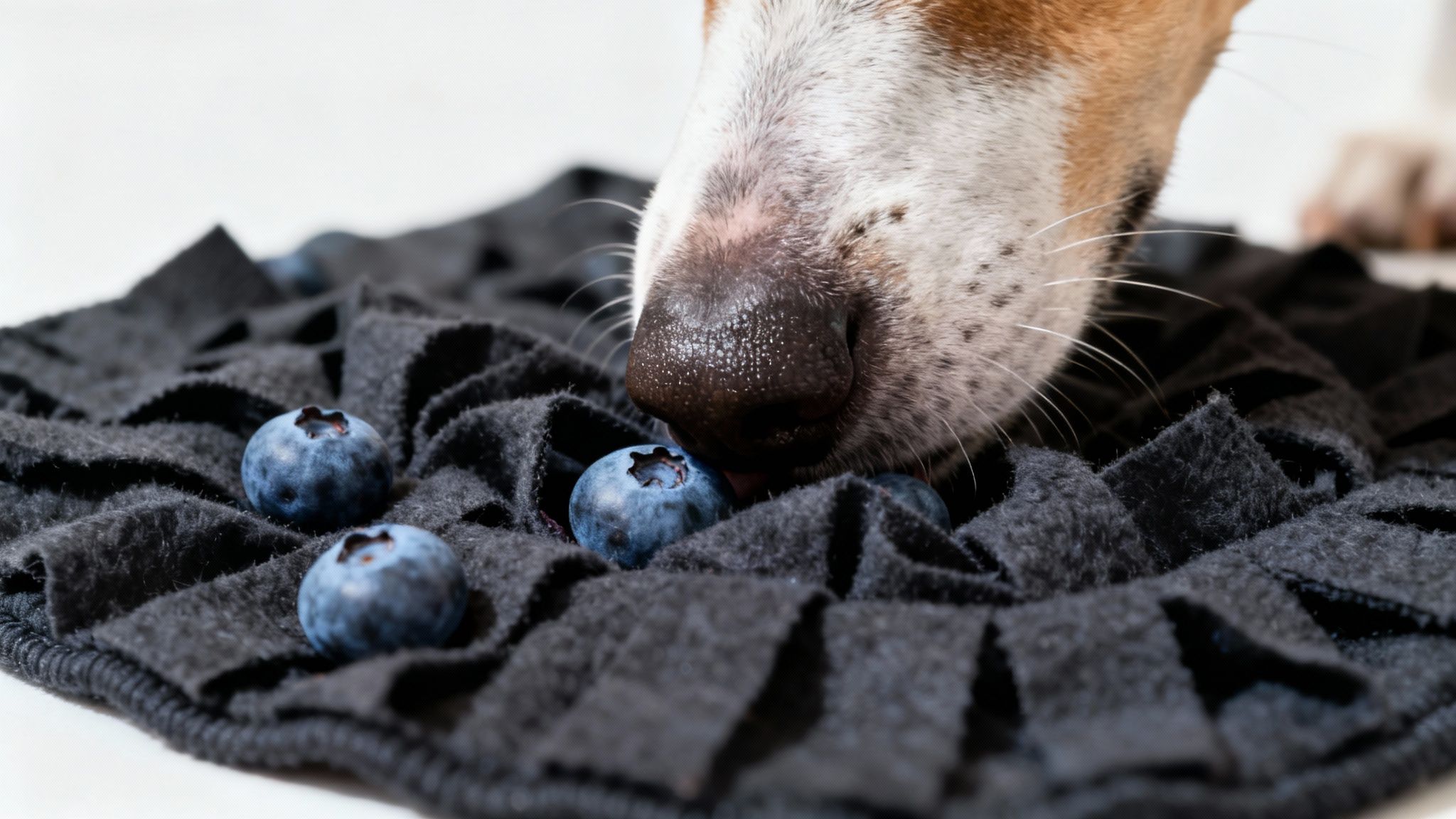 A small white dog catching a blueberry in its mouth.