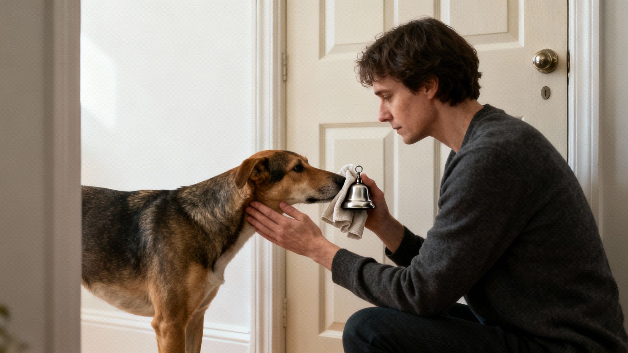 A man gently guides his dog to touch a bell wrapped in cloth, teaching bell training.