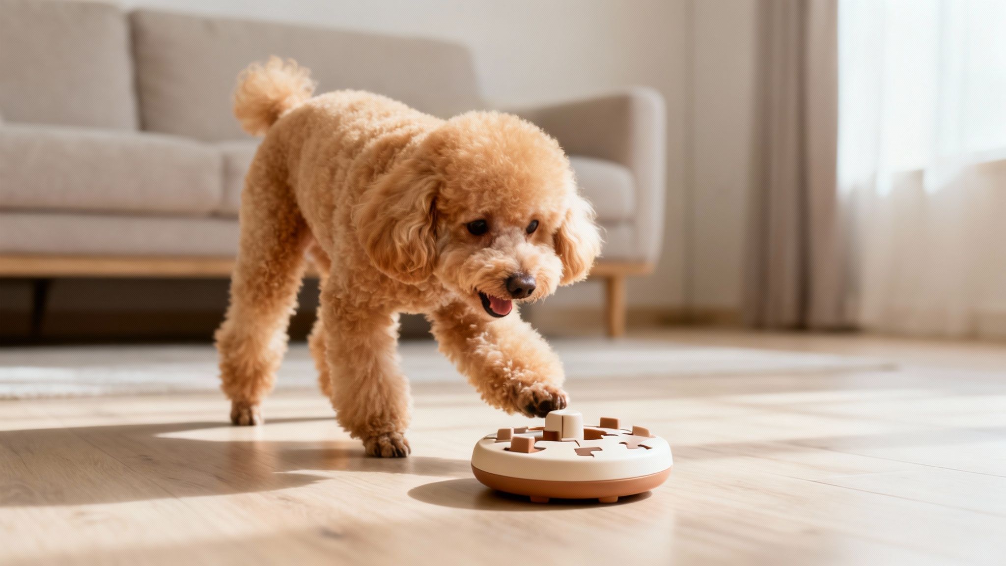 A happy light brown poodle playing with an interactive puzzle dog toy on a wooden floor.