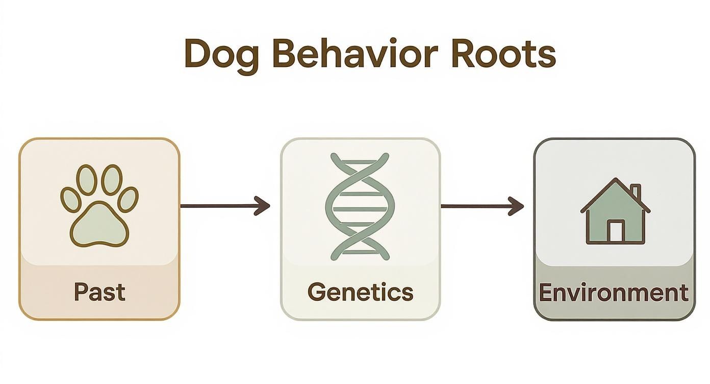 Infographic showing the roots of dog behavior flowing from Past, Genetics, to Environment.