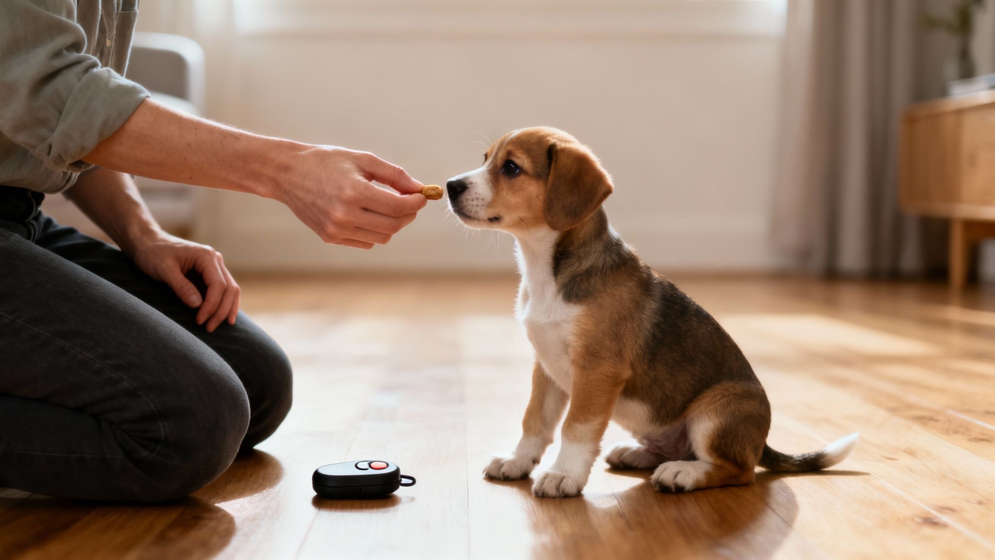 A person and their new dog connecting in a natural setting.