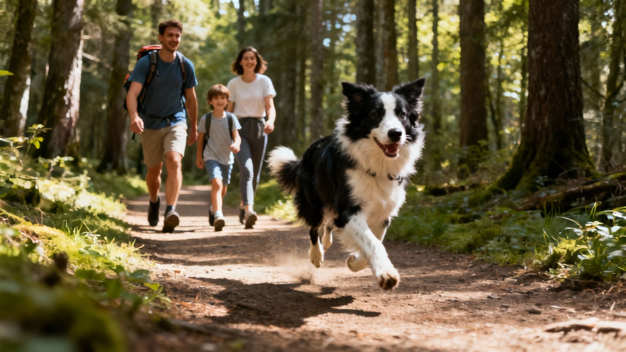 Happy border collie running on forest trail with family hiking together outdoors