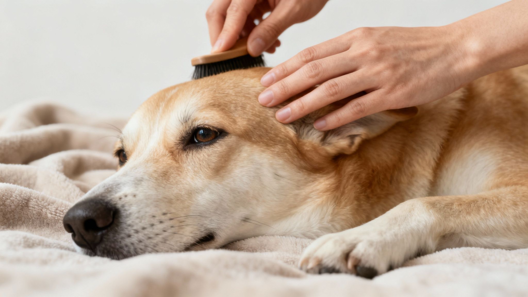 Close-up of a person gently brushing a light brown dog lying comfortably on a soft blanket.