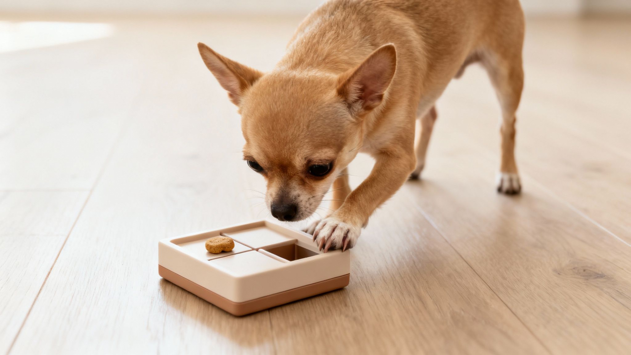 A small brown chihuahua intently focuses on a beige and brown puzzle feeder on a light wooden floor.