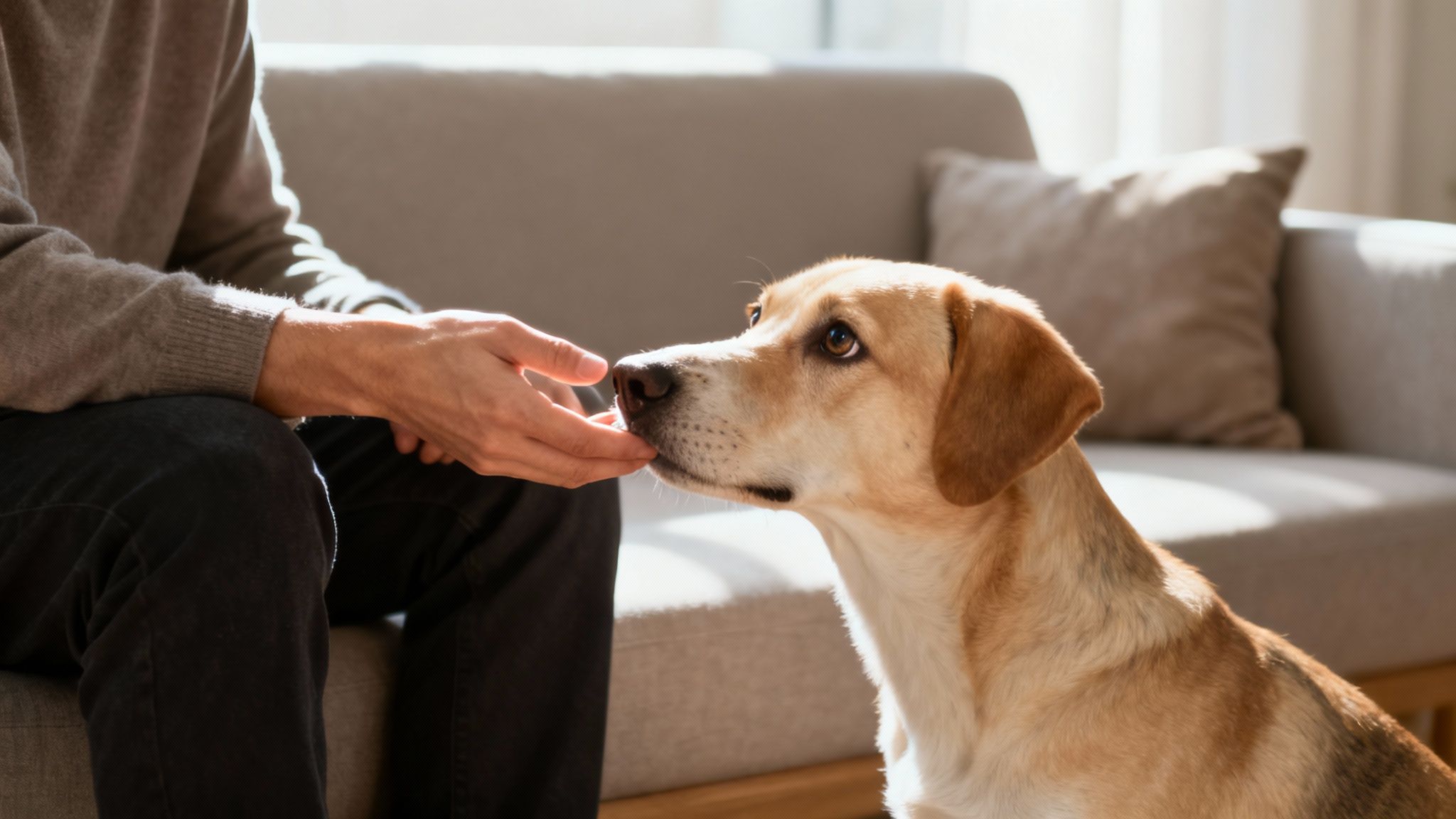 A golden retriever looks up at its owner with an inquisitive and loving expression.