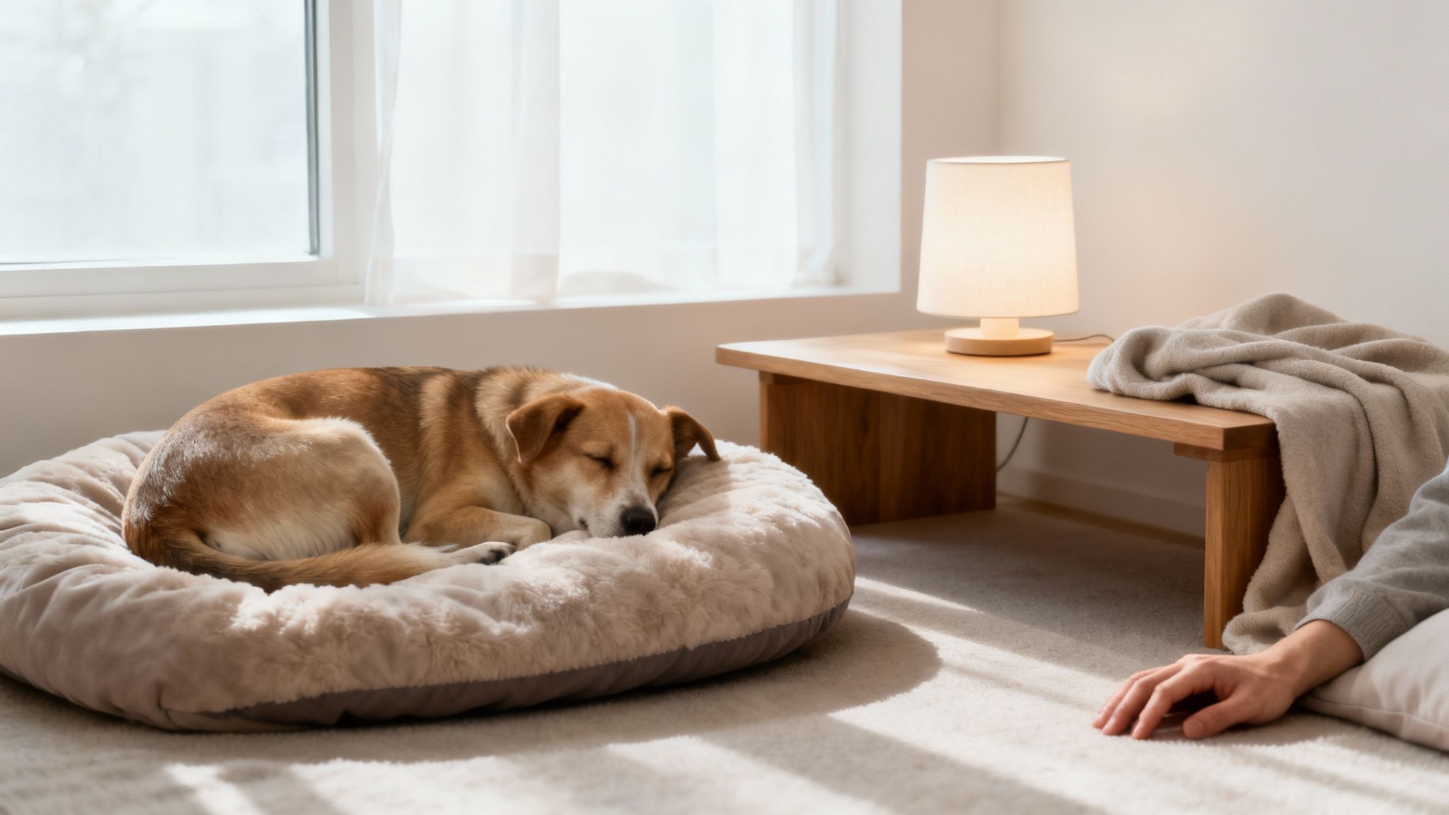 A light brown and white dog sleeps peacefully curled up on a fluffy bed in a sunlit room.