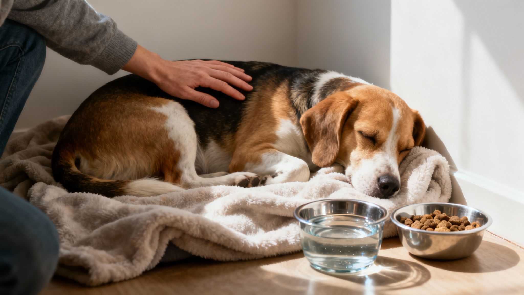 A person gently petting a calm, resting dog on a cozy blanket.