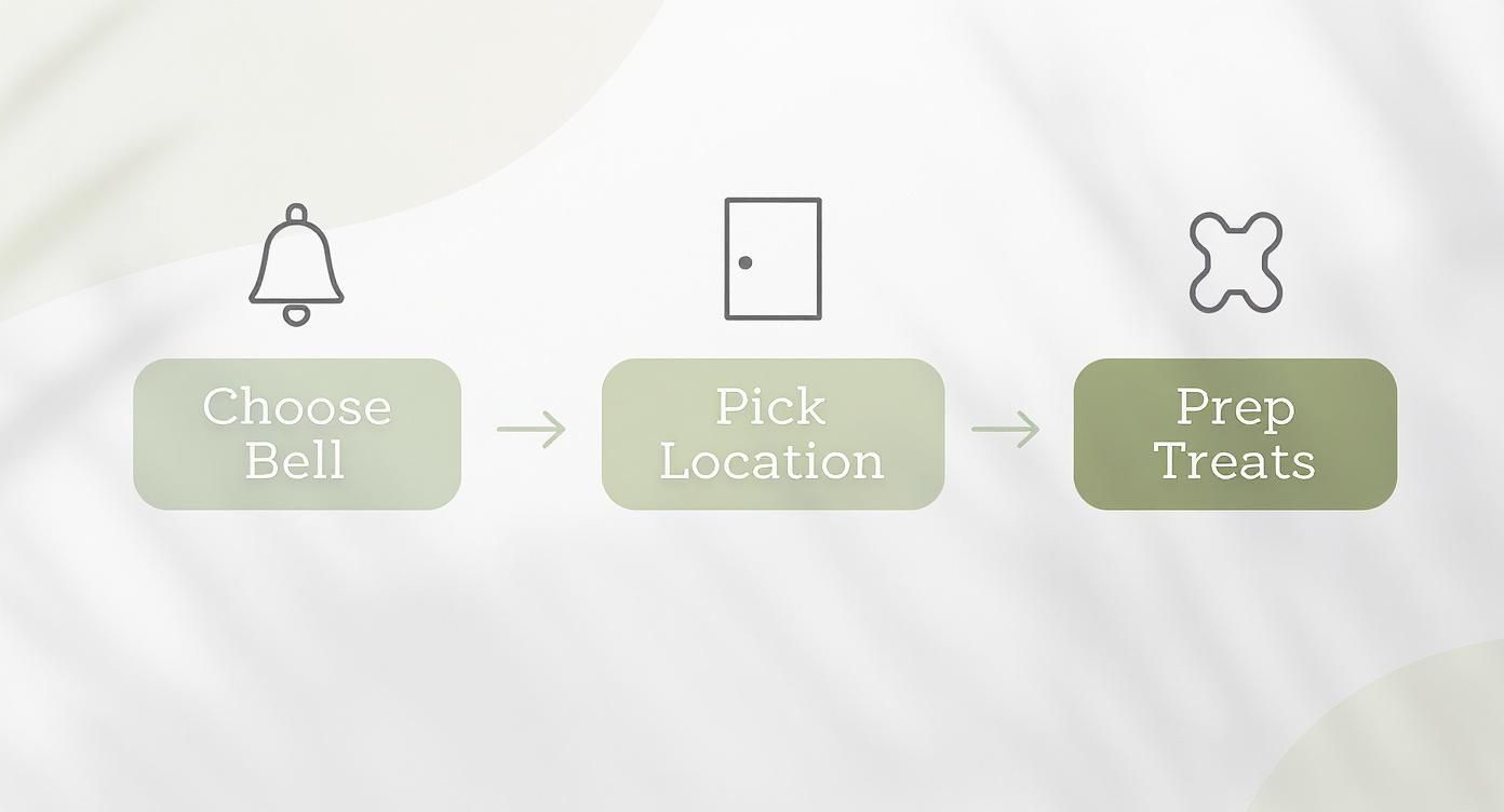 A three-step diagram illustrates how to bell train a dog, showing choosing a bell, picking a location, and preparing treats.