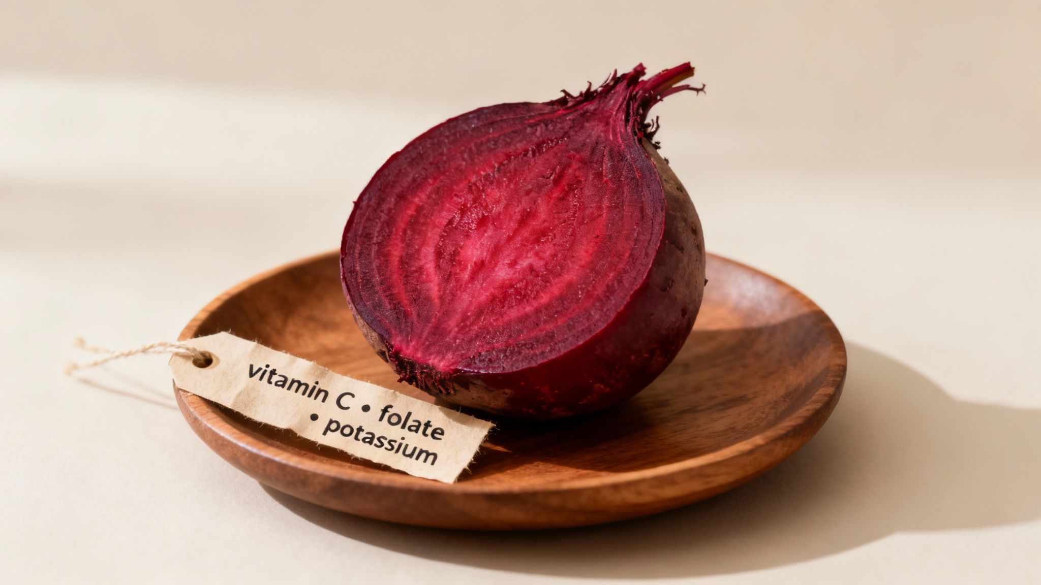 A medium-sized dog looking curiously at a sliced beet on the floor