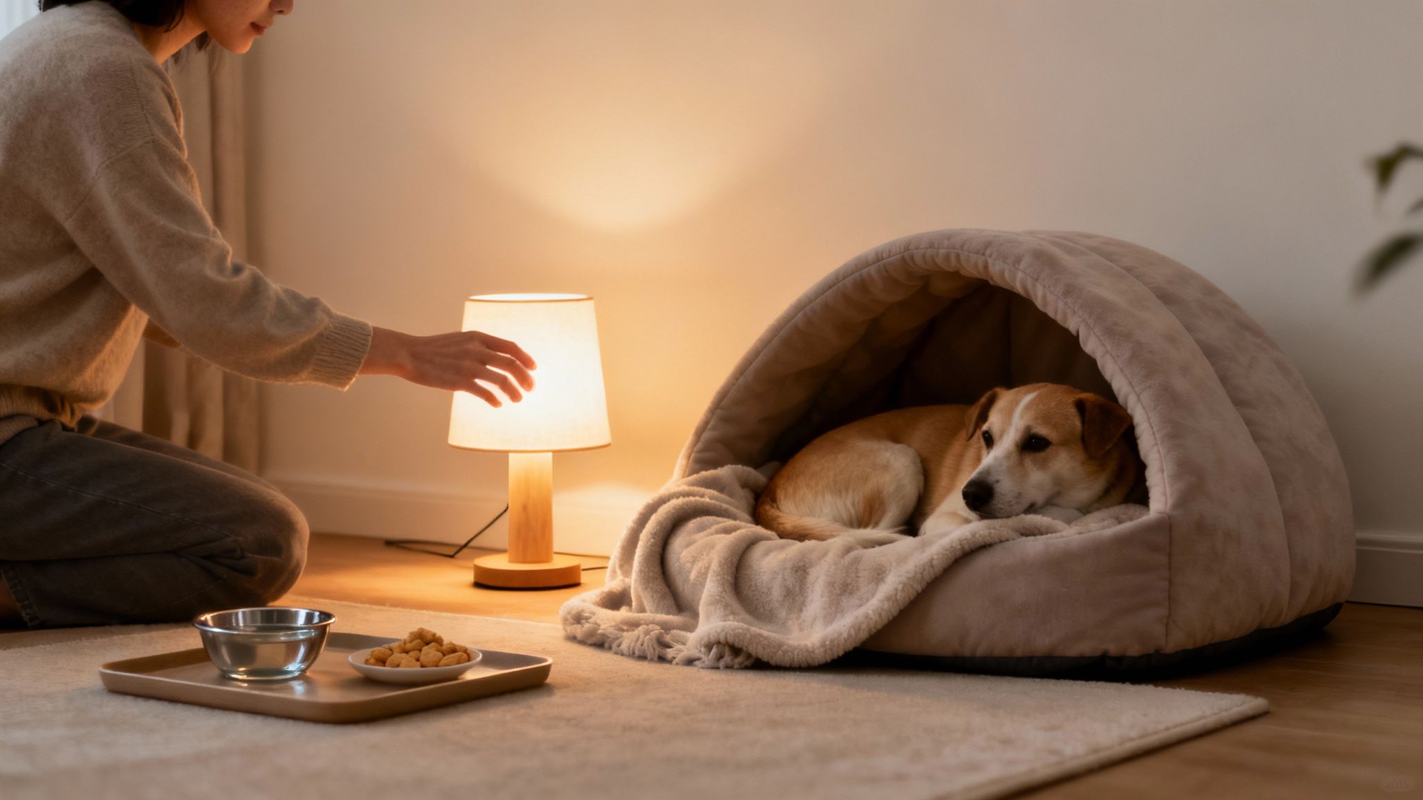 A person gently petting a calm dog sleeping in a cozy bed in a dimly lit room.
