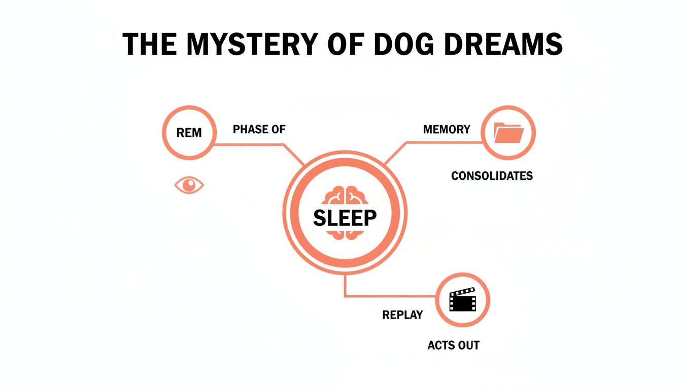 Flowchart illustrating dog dreams, connecting sleep, REM phase, memory consolidation, and acting out.
