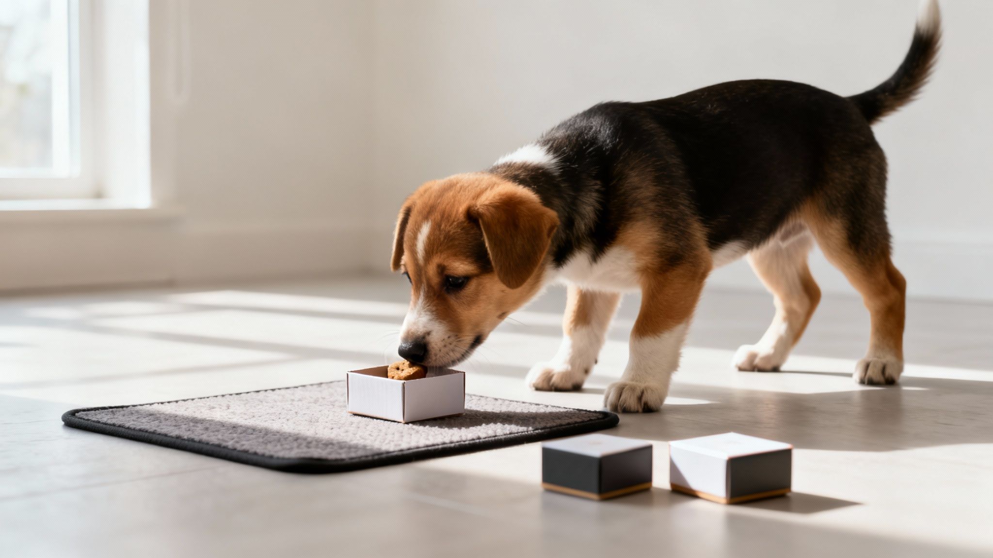 A close-up of a puppy's wet nose sniffing at a dandelion in a grassy field.