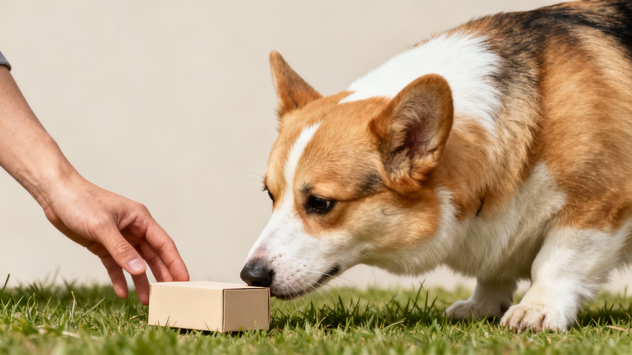 Corgi dog sniffing small cardboard box on grass while person's hand reaches toward it