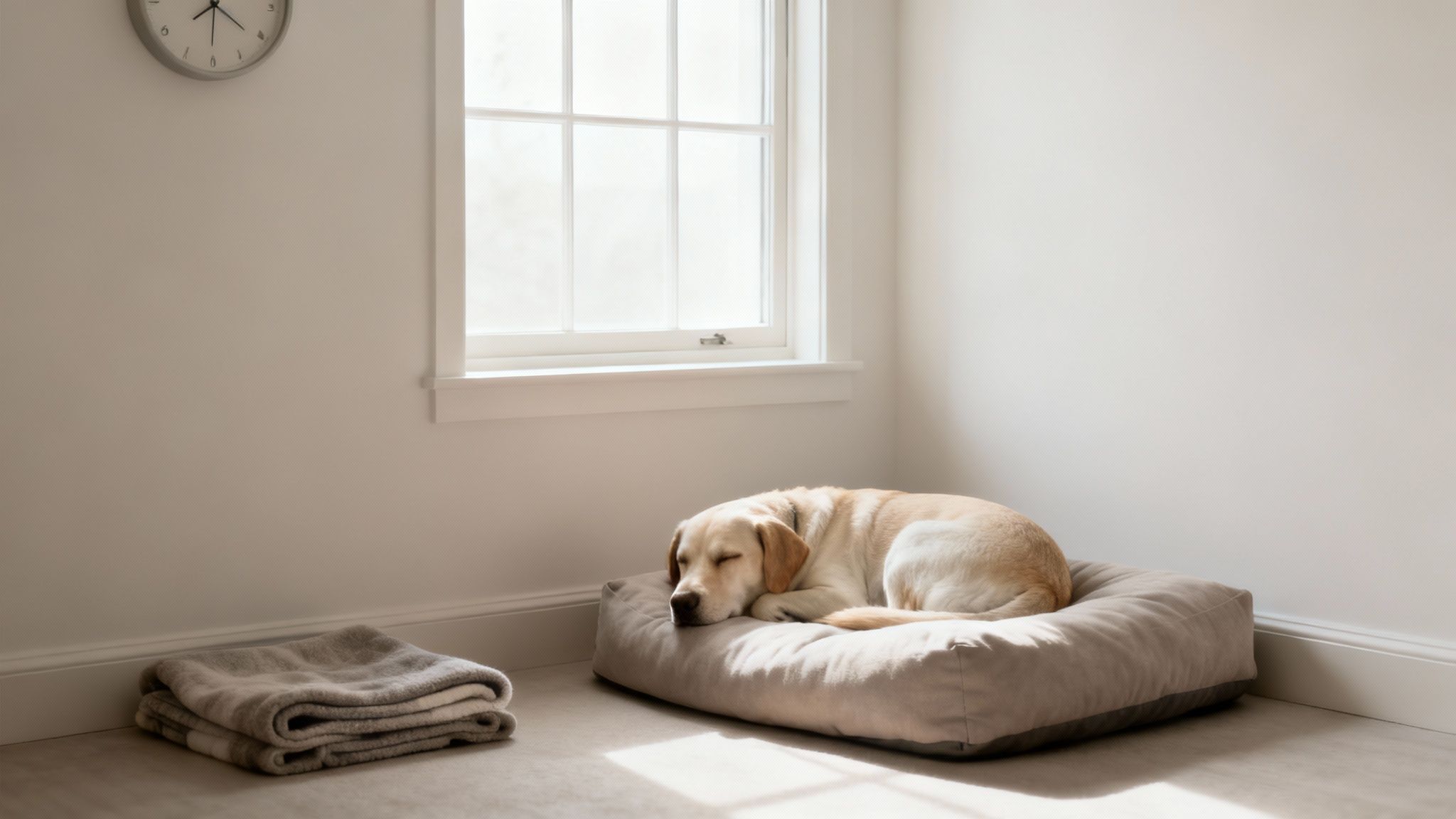 A relaxed dog lying in a cozy bed indoors.