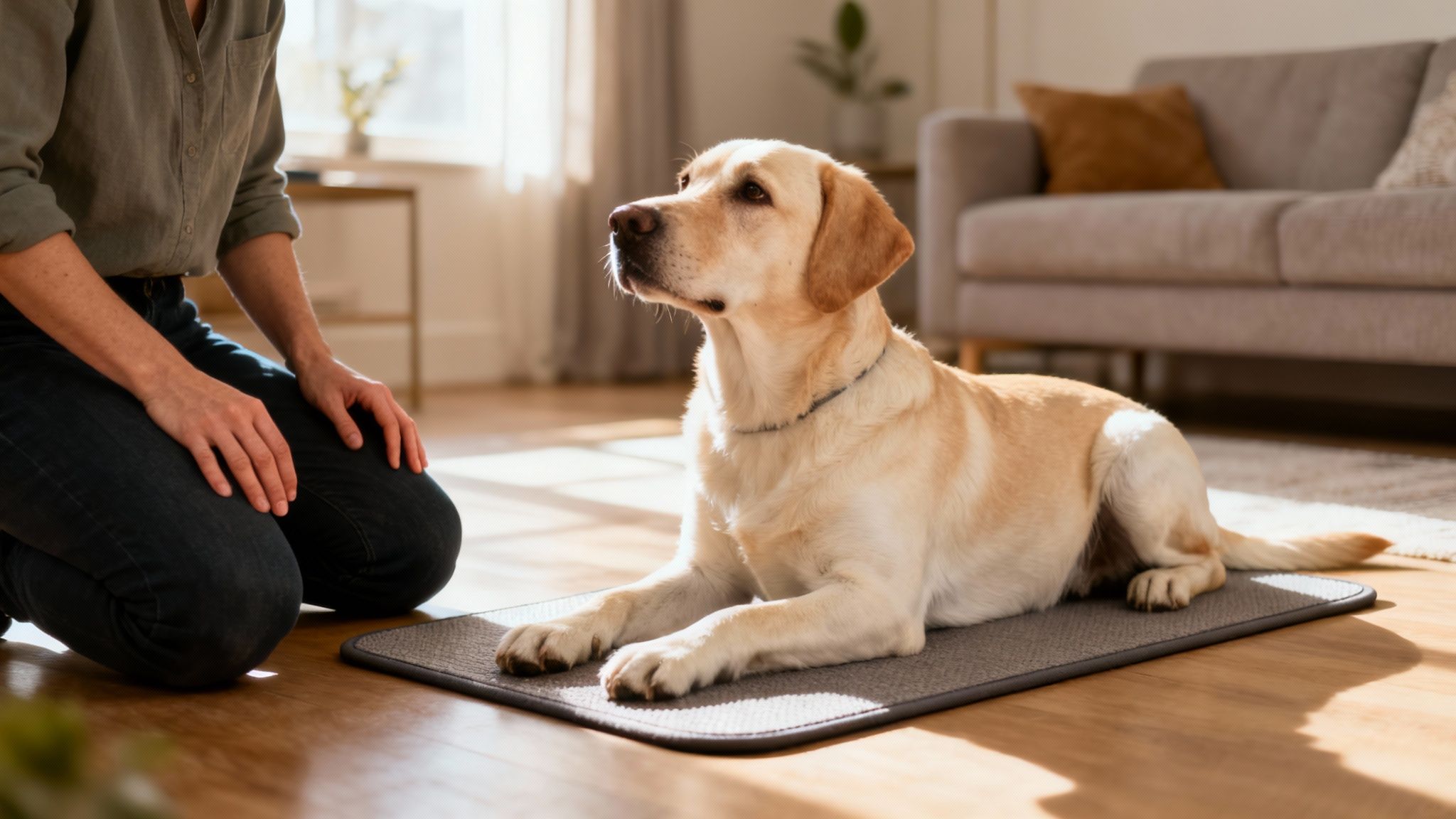 A person gently training their attentive dog in a calm, natural setting.
