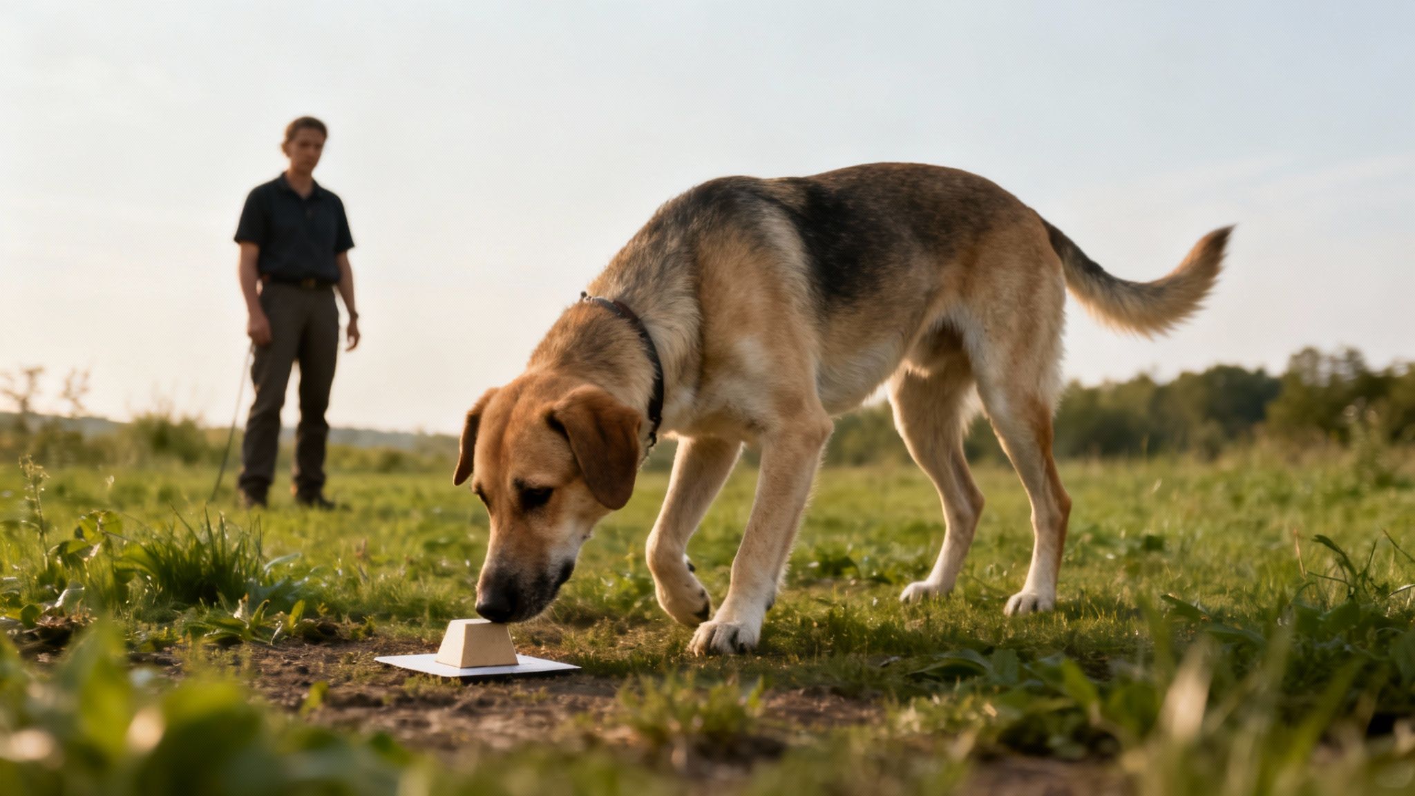 A dog joyfully sniffing in a lush green forest, embodying sensory enrichment and a connection to nature.